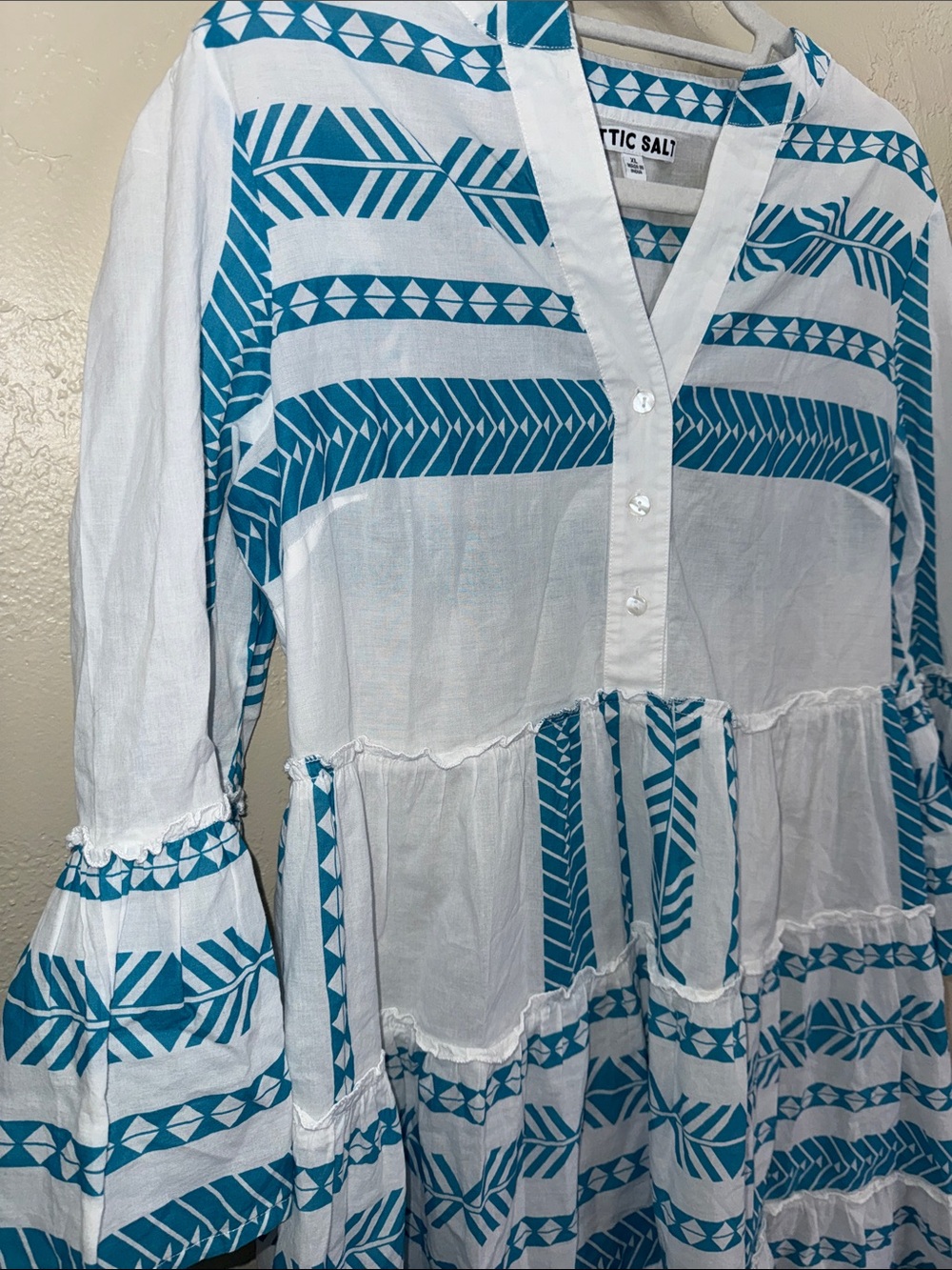 Attic Salt Blue & White Cotton Tiered V-Neck Boho Midi Dress Coastal Aztec XL - Picture 13 of 13